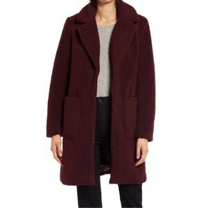 French Connection Wine Burgundy Faux Fur Vegan Teddy Coat Women's